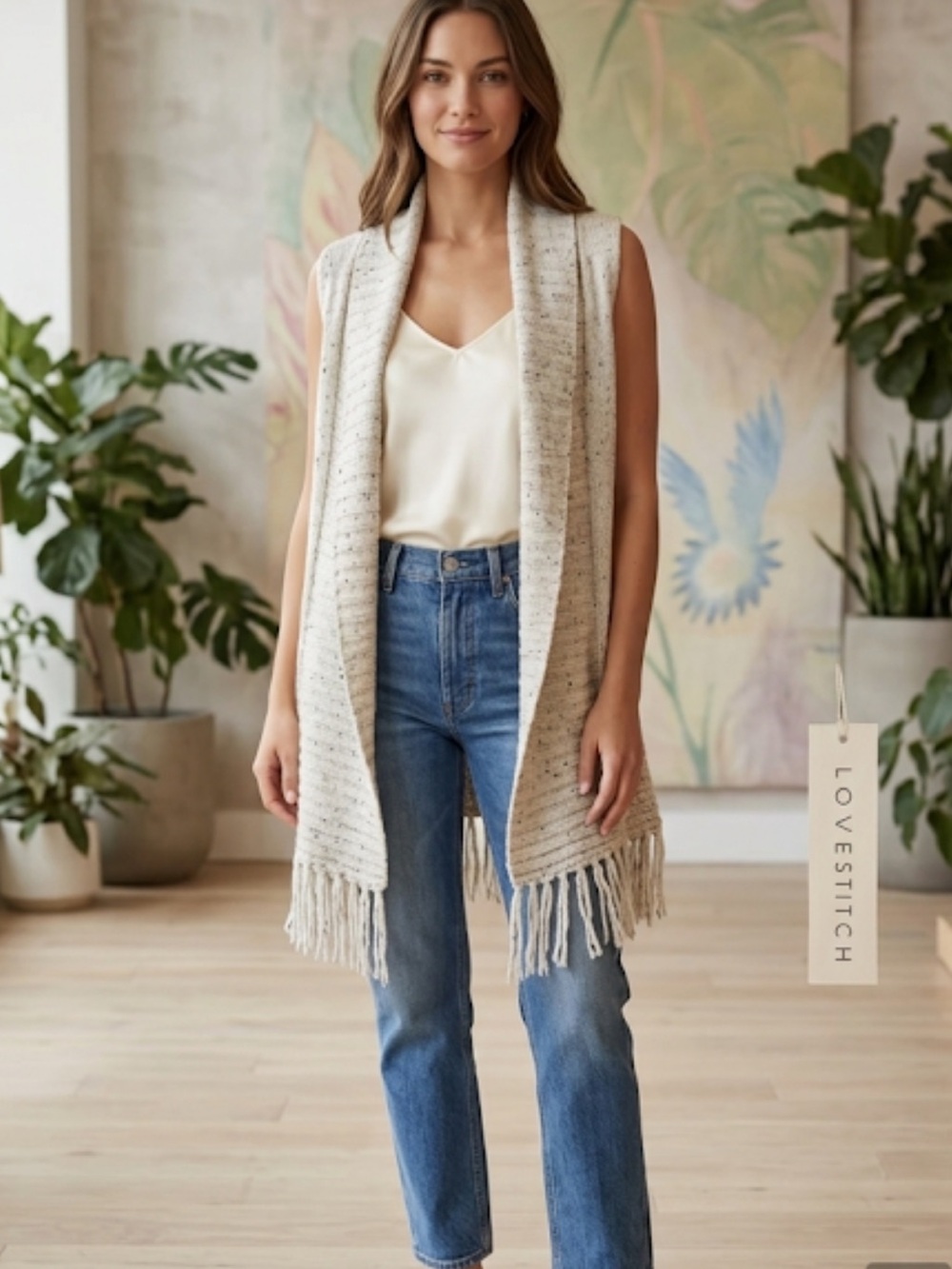lovestitch Cream Fringe Knit Vest New!